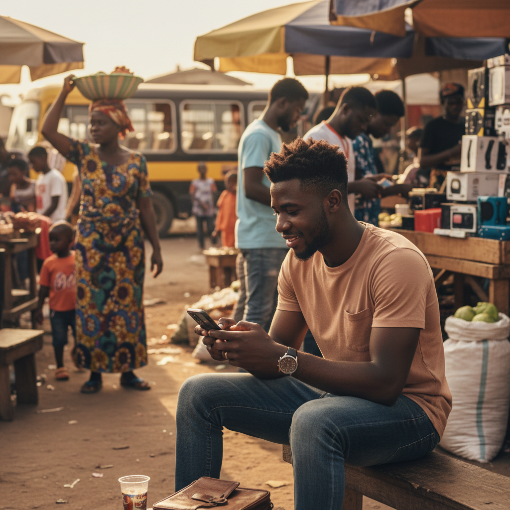 A young Nigerian man in Ibadan smiling as he uses the TrustAm app on his smartphone to book a DJ for his party.