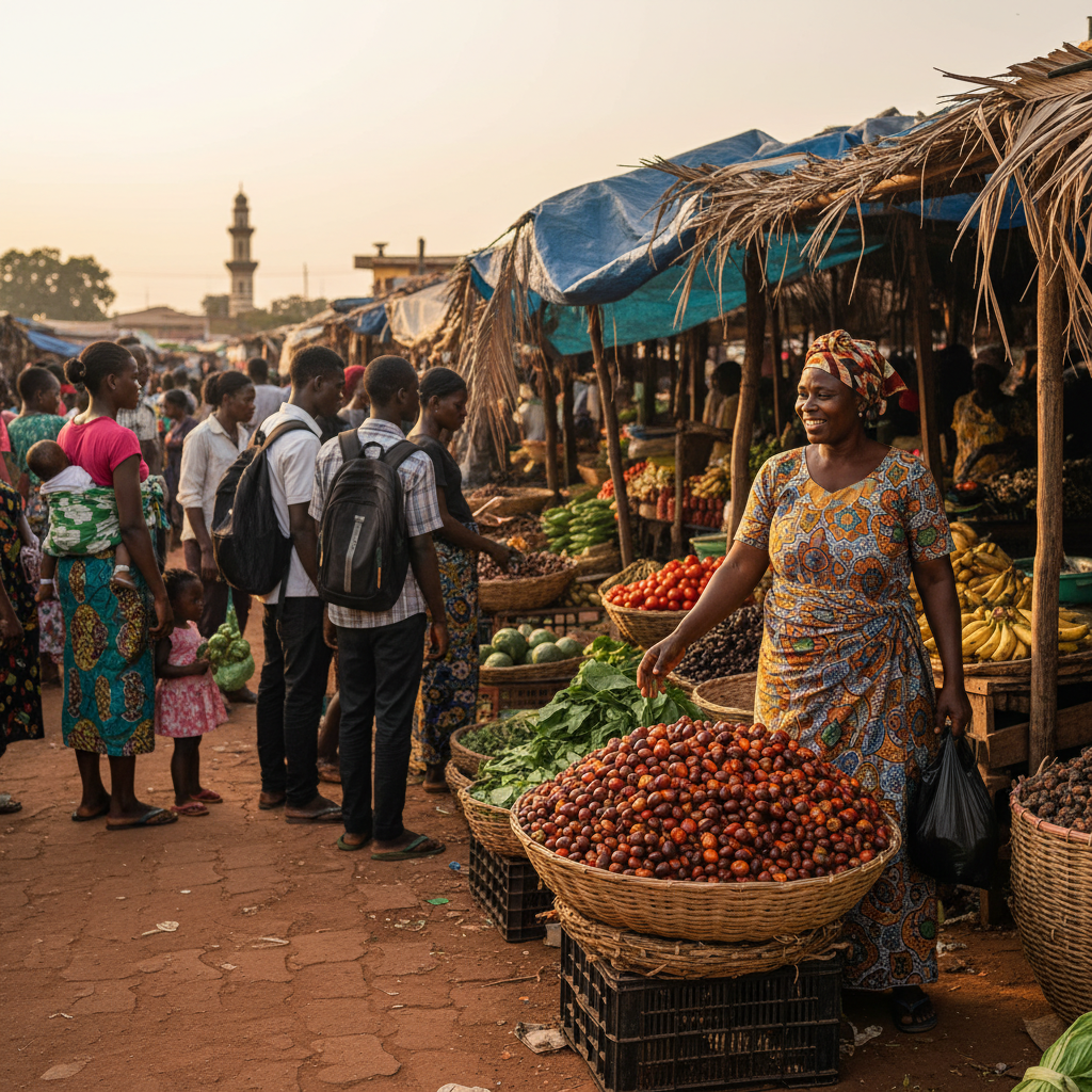A market stall in Warri filled with fresh palm nuts used for making banga soup.