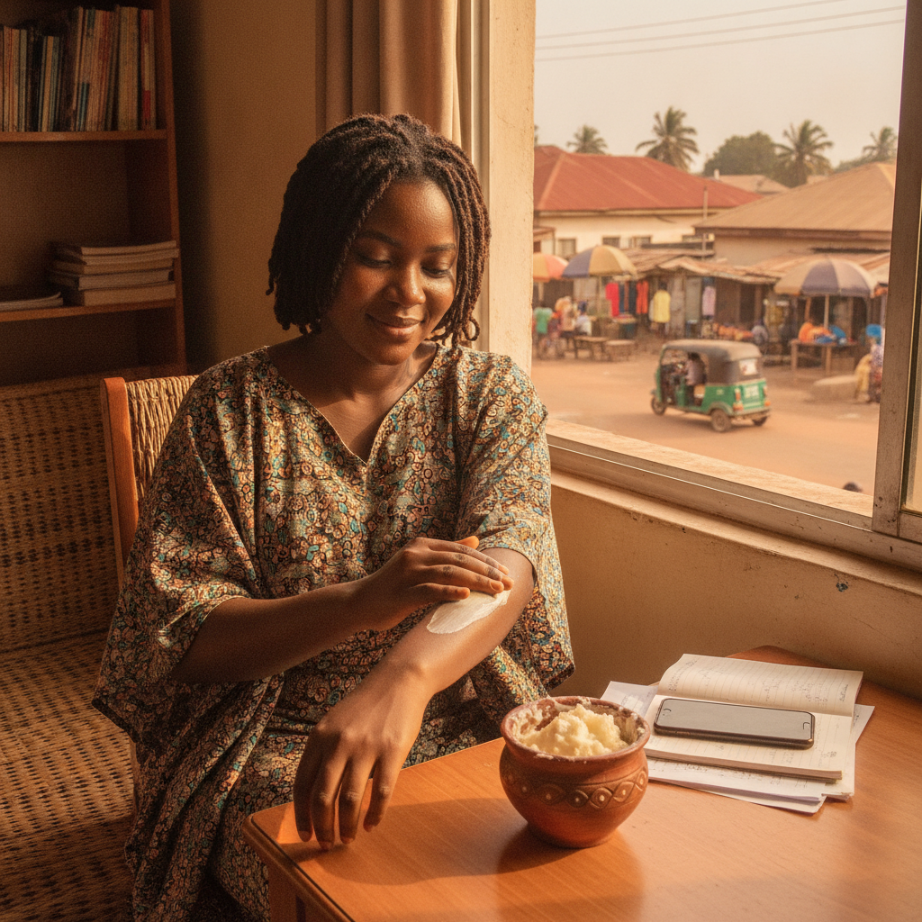 A young Nigerian woman moisturising her arms with shea butter to combat Harmattan dryness.