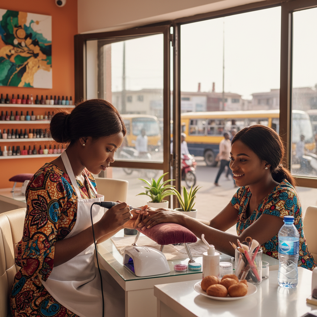 A skilled nail technician carefully applying acrylic to a client's nails in a well-lit Lagos salon.
