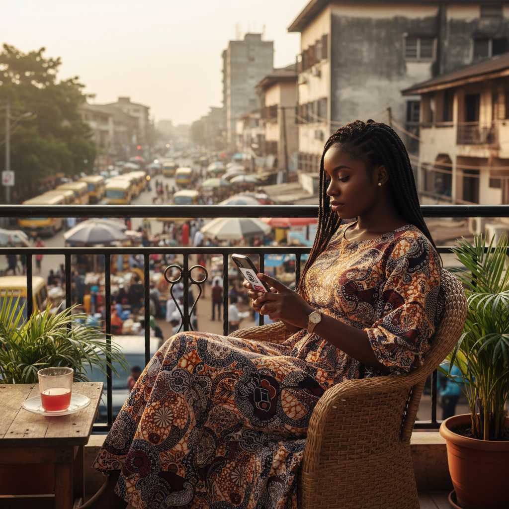 A young Nigerian woman smiling as she uses her smartphone, likely booking a service on an app like TrustAm.