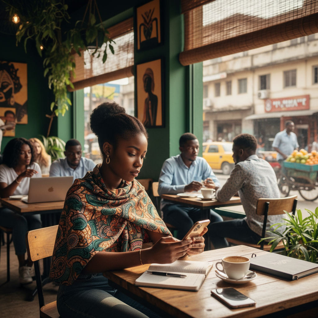 A young Nigerian woman carefully checking her loan app details on her phone.