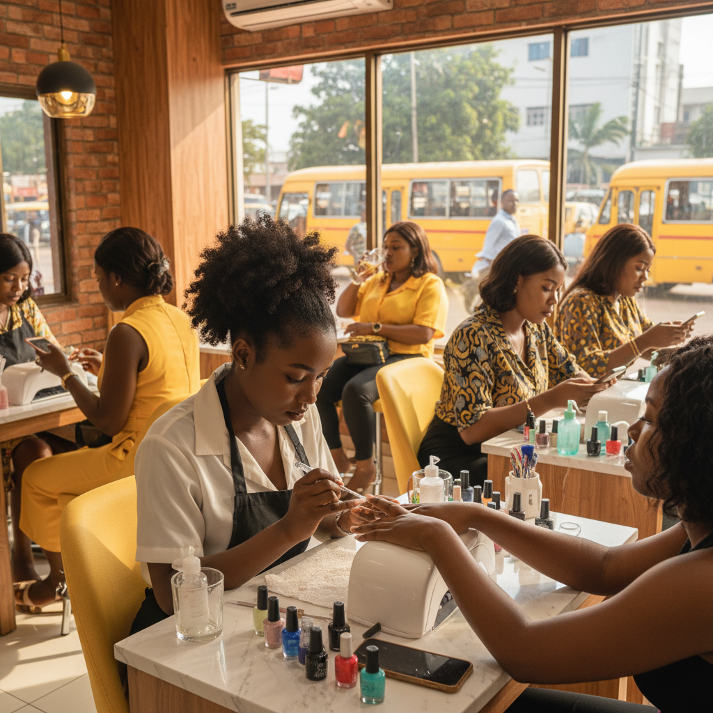 A skilled Nigerian nail technician carefully applying acrylic powder to a client's nail in a well-lit salon.