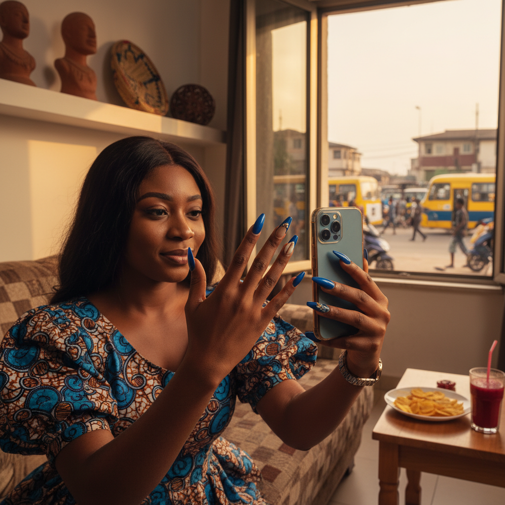 A young Nigerian woman admiring her new, beautifully designed acrylic nails.