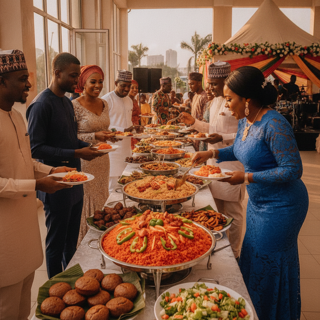 A colourful Nigerian wedding buffet with Jollof rice, fried rice, and various proteins.