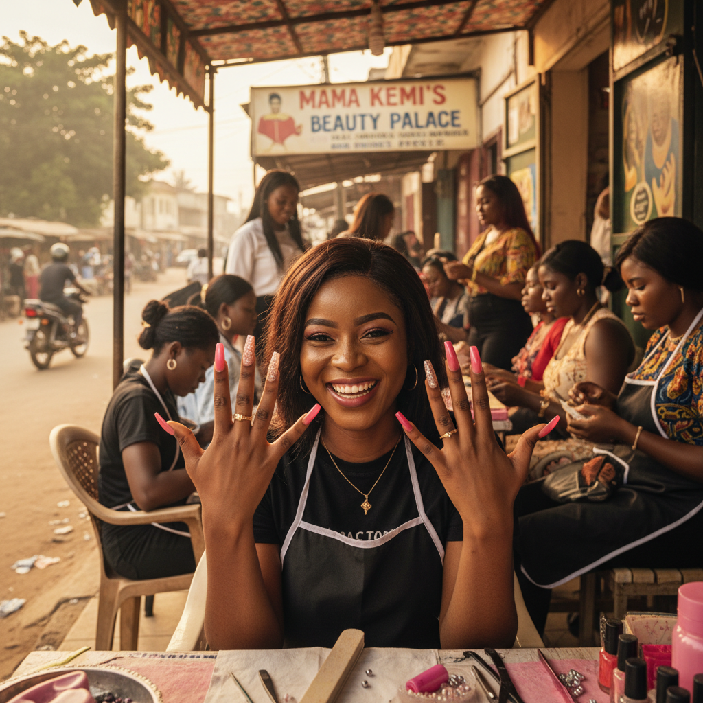 A happy Nigerian woman in Lagos showing off her new, perfectly done manicure.