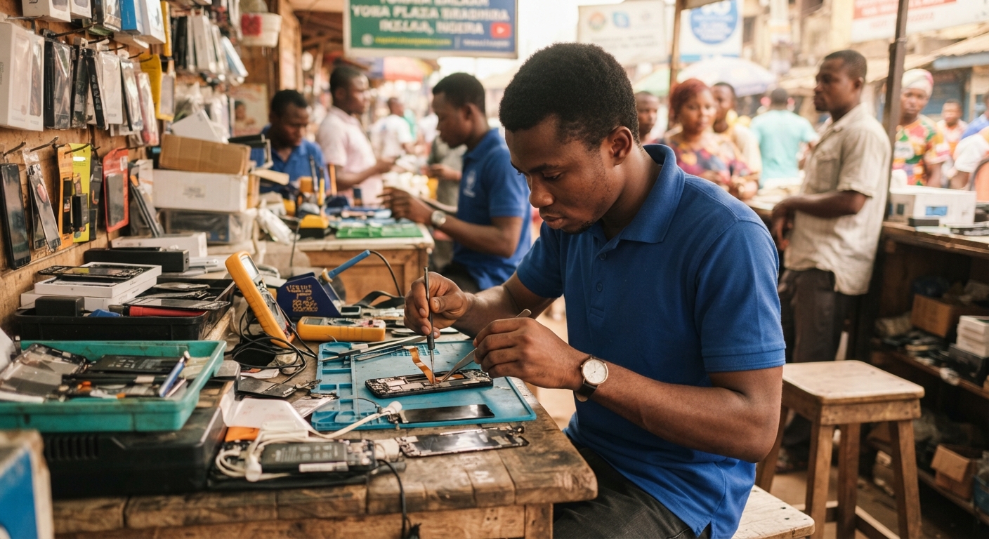 Skilled Nigerian technician performing a phone repair