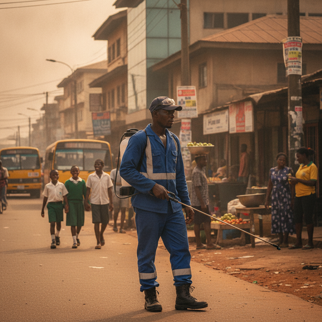 An informal pest control worker with a manual pump sprayer on a Nigerian street.