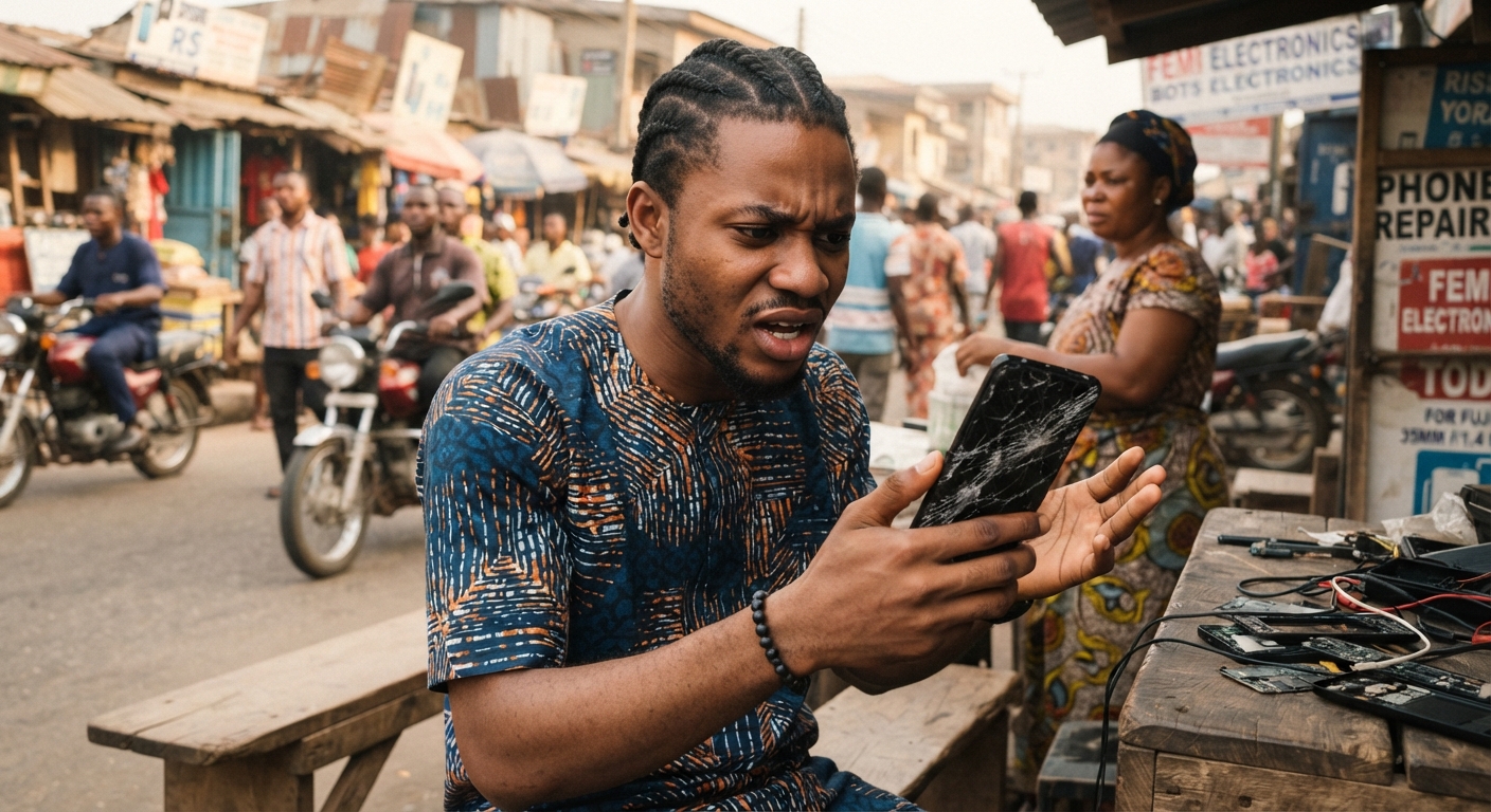 Young Nigerian man looking frustrated at his broken smartphone