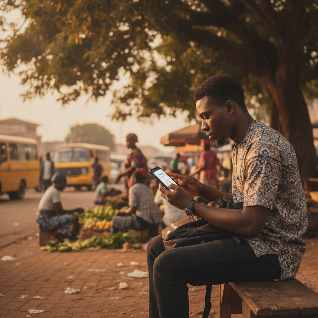 A young Nigerian man in Lagos checking his bank balance on a smartphone.
