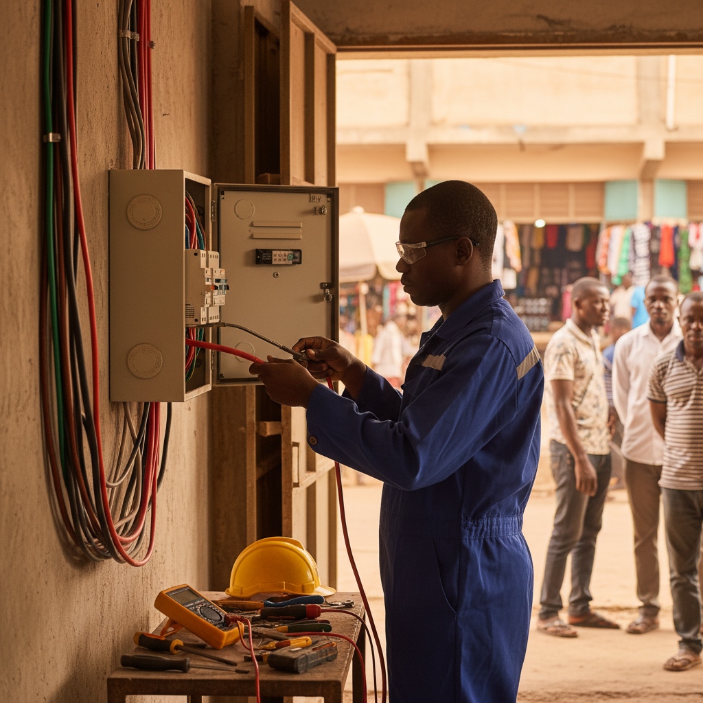 A verified electrician in Nigeria carefully working on a home's main distribution board.