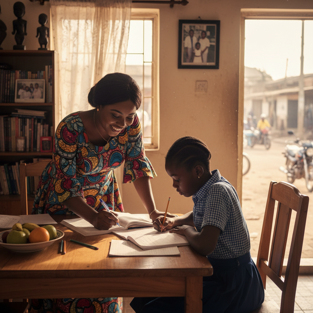 A Nigerian mother helping her young son with his school homework at their home.