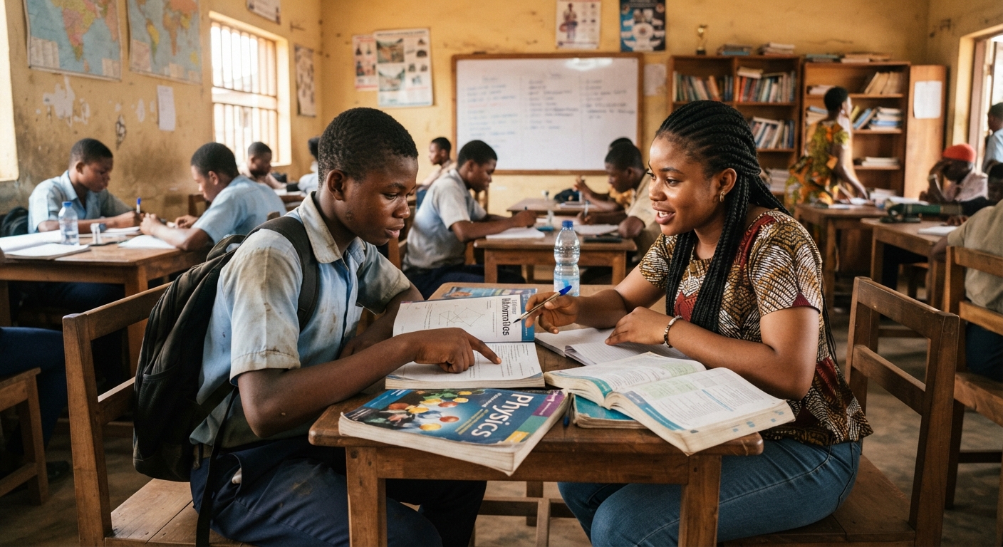 Young Nigerian student and tutor studying textbooks together