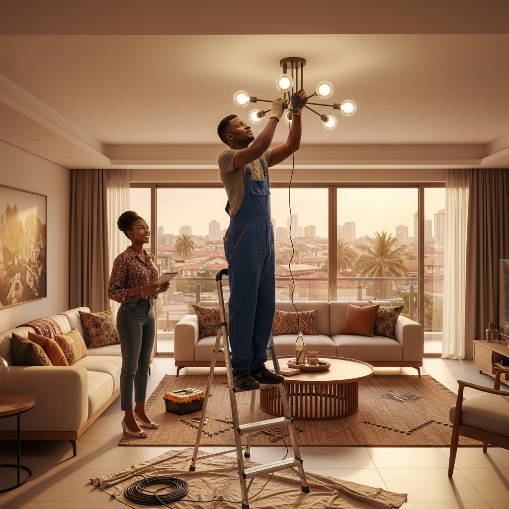 A verified Nigerian electrician found on the TrustAm marketplace working in a client's home.