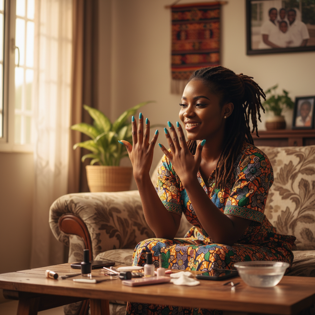A happy Nigerian woman looking at her beautifully done nails after a home service appointment in Lagos.