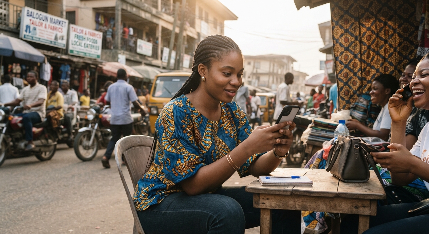 Young Nigerian woman browsing services on her phone, looking for a provider.