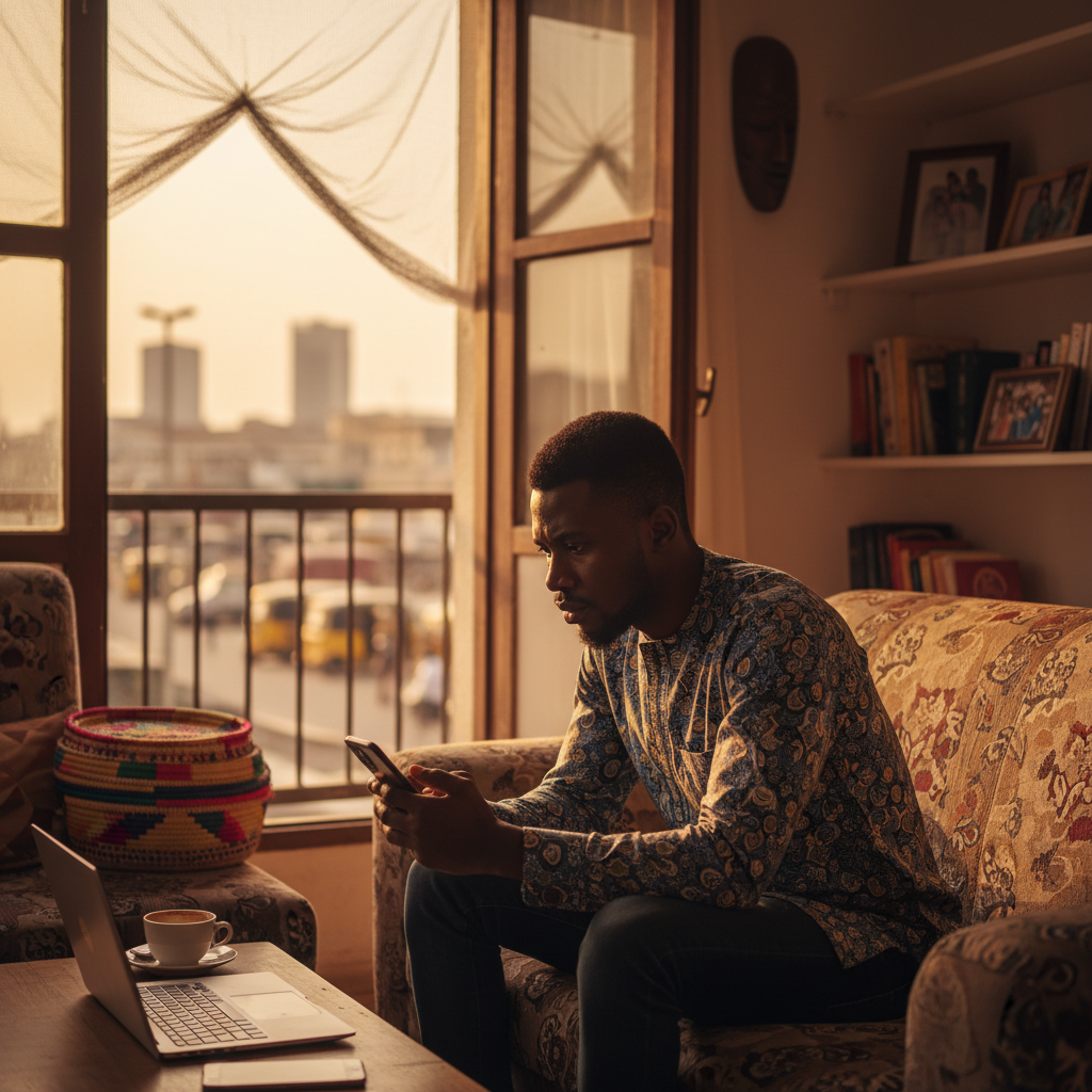 A young Nigerian man looking at his finances on his smartphone with a concerned expression.