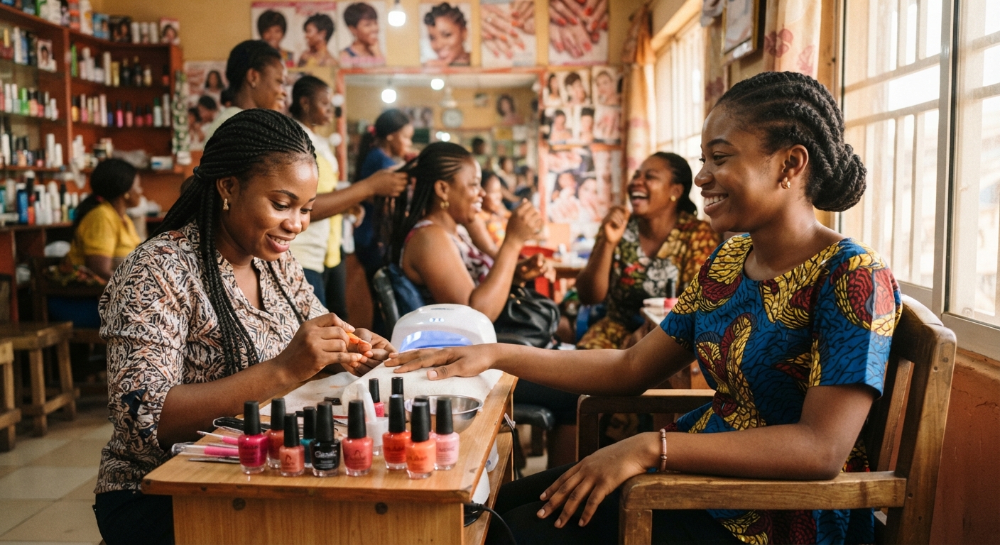 Young Nigerian woman getting her nails done at a professional salon