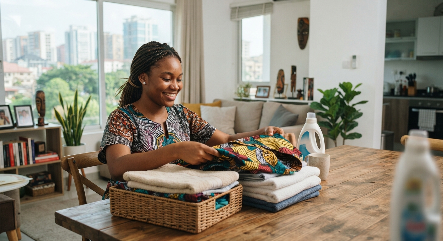 Young Nigerian woman folding clean clothes in a modern apartment in Lekki