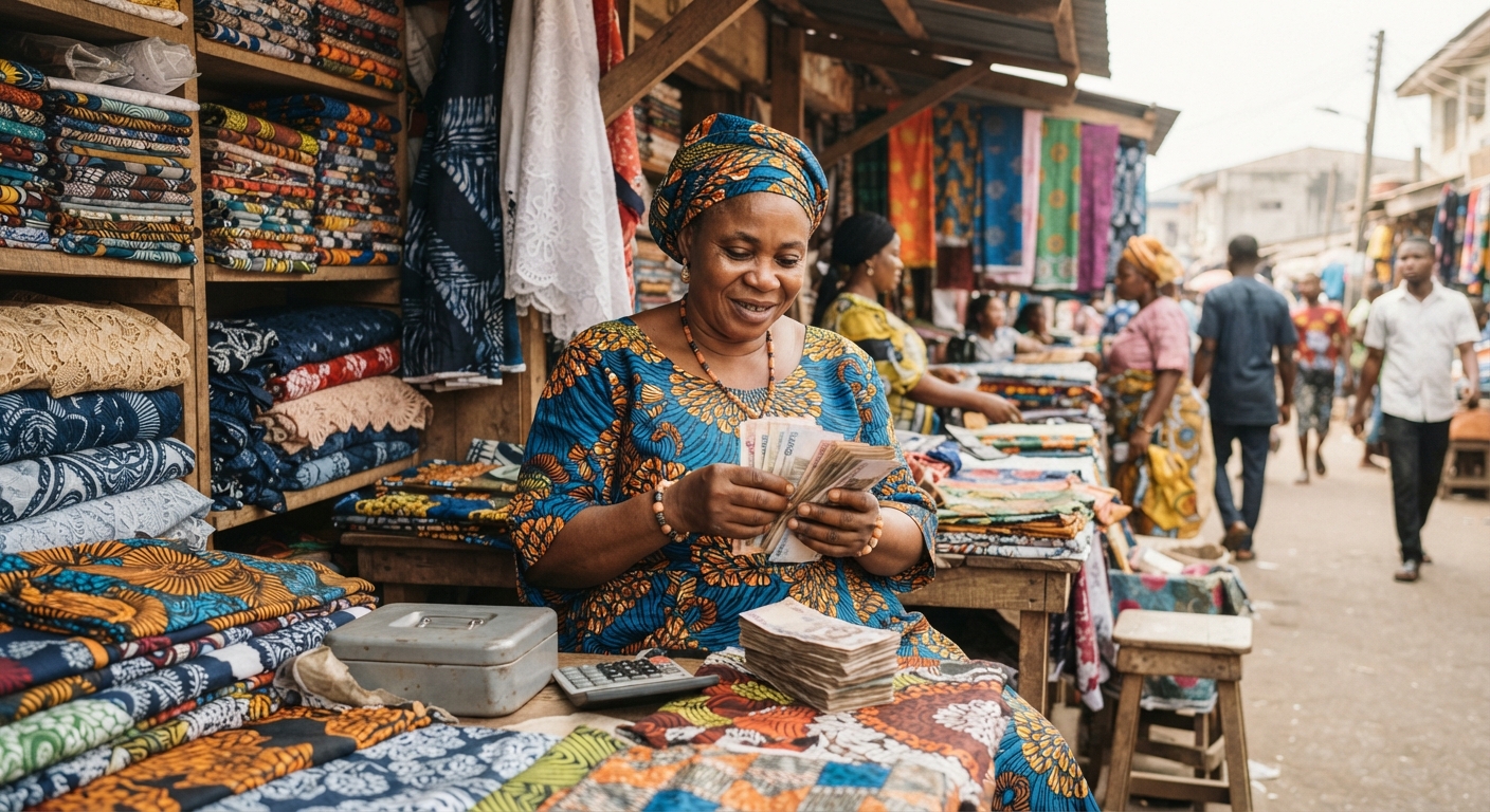 Nigerian woman trader counting naira at fabric stall