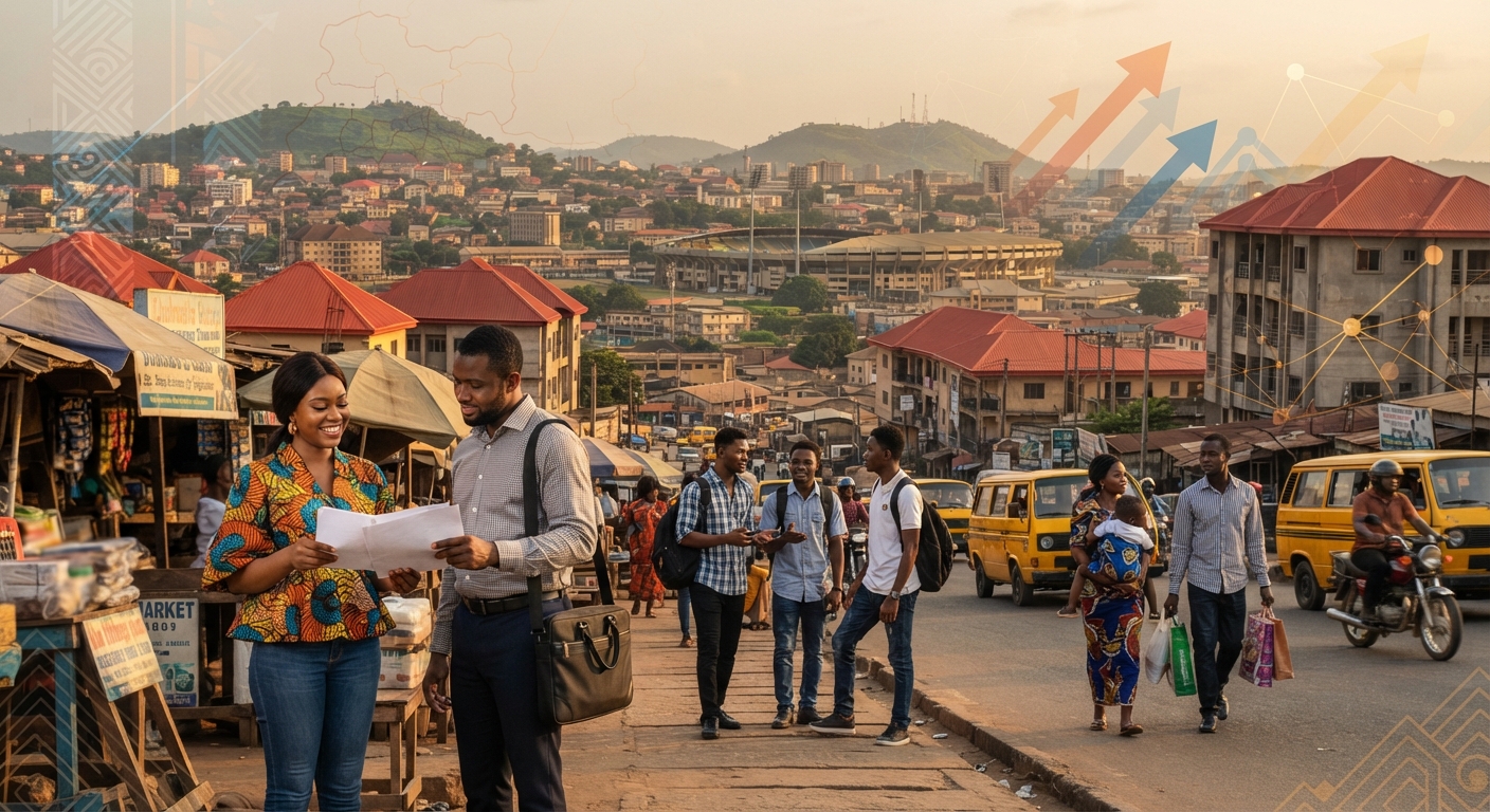 Enugu cityscape with graphic design icons symbolizing creativity