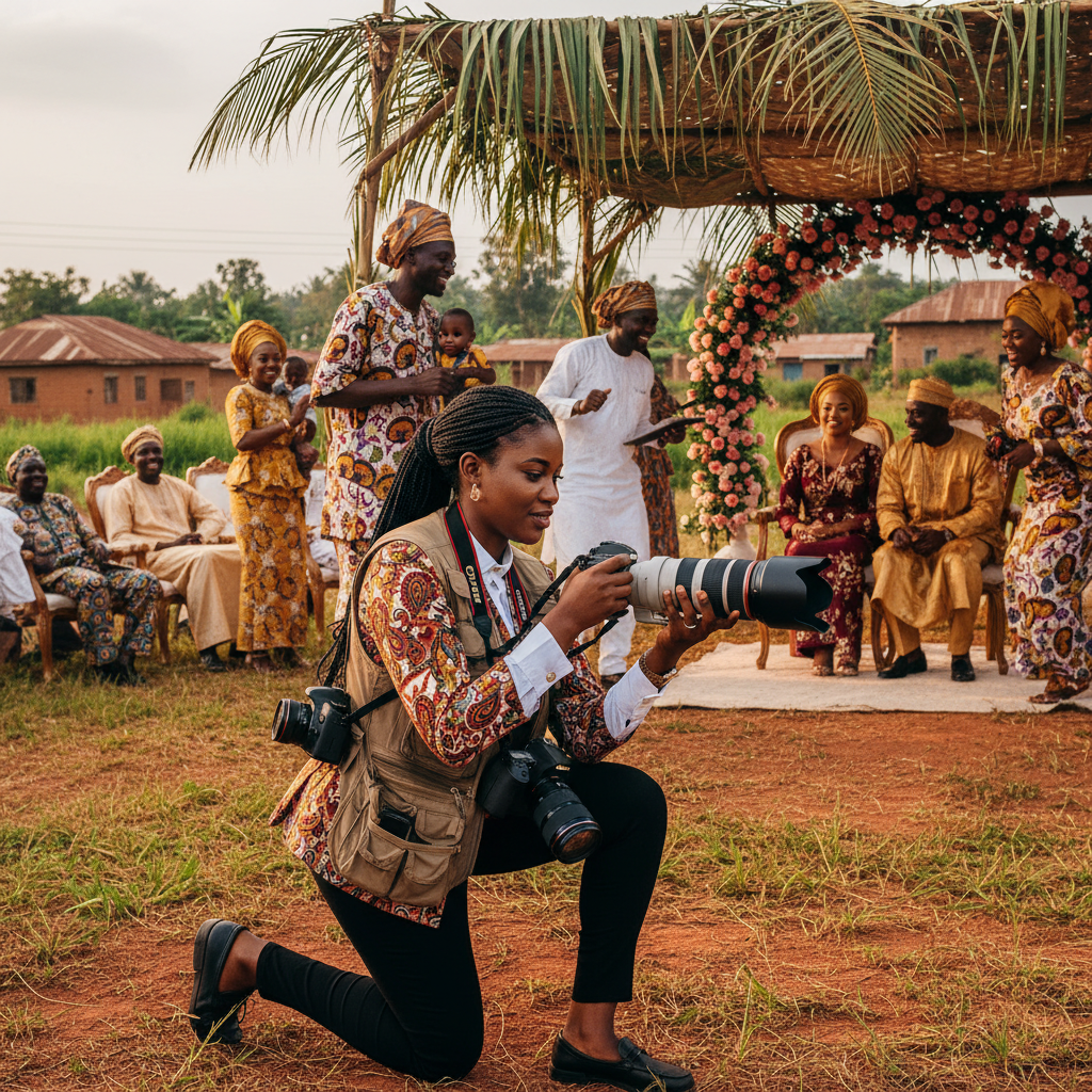 A Nigerian photographer focusing his camera during a wedding ceremony.