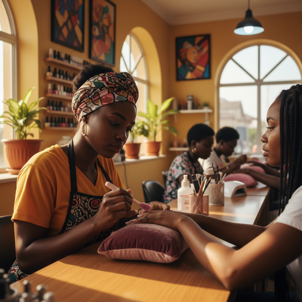 A skilled Nigerian nail technician applying acrylic to a client's nail with precision.
