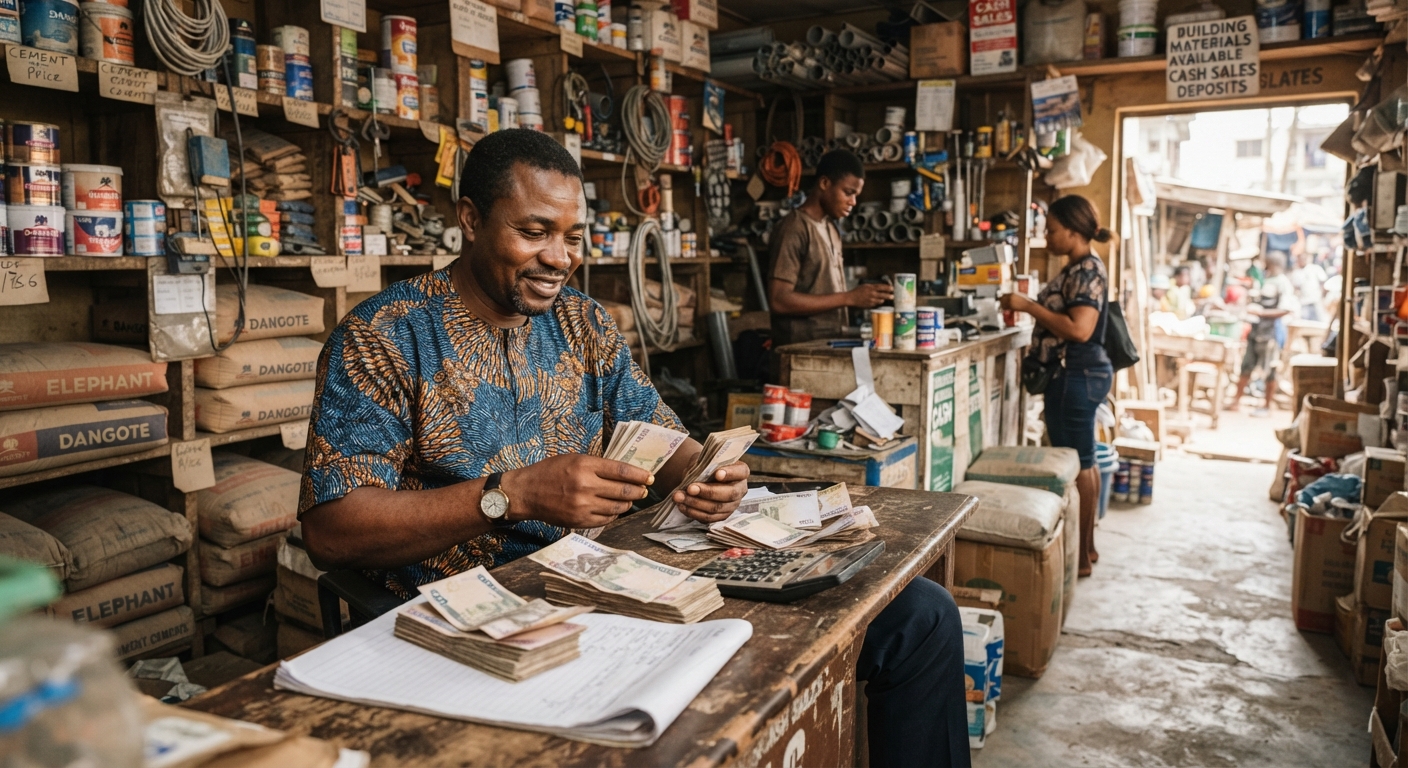 Building materials shop owner counting money