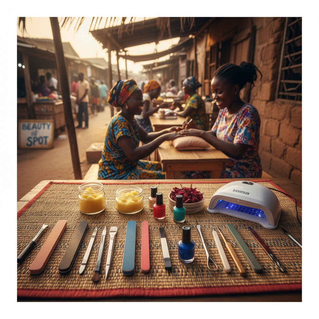 A collection of professional nail technician tools including polishes, files, and a UV lamp.