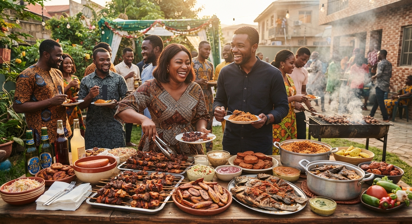 A colourful and abundant spread of barbecue food laid out at an outdoor party
