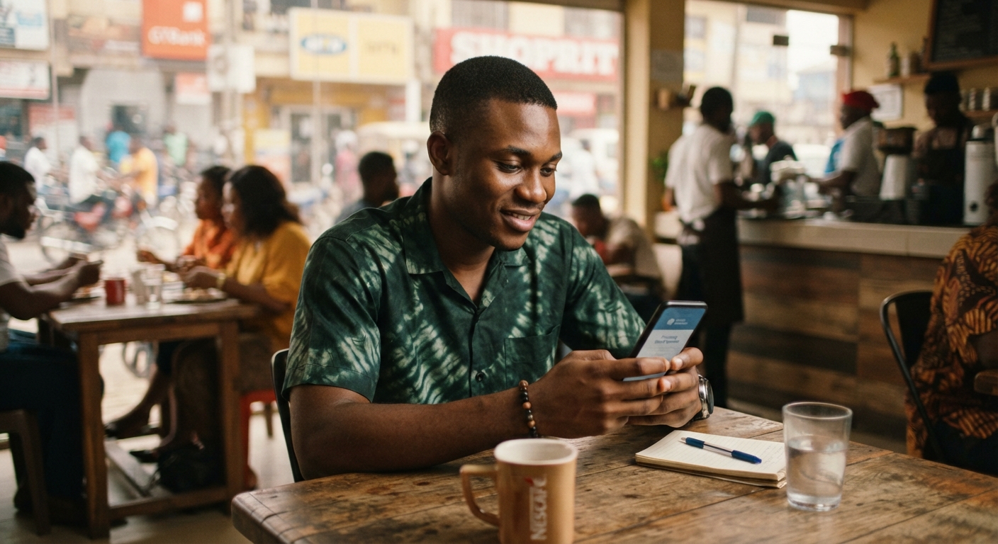 Nigerian man completing a secure online payment using a mobile app.