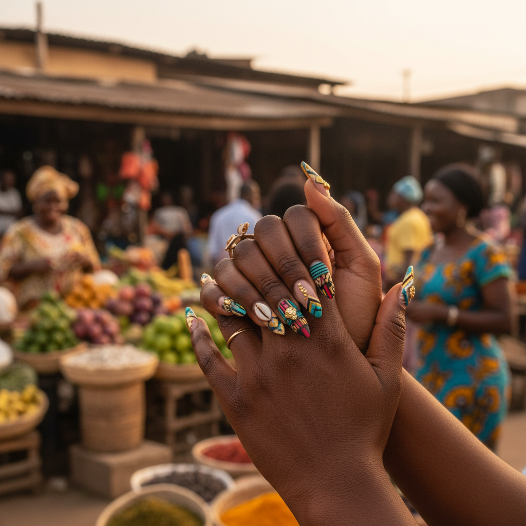 Detailed view of a stunning and colourful nail art design on the hands of a Nigerian woman.