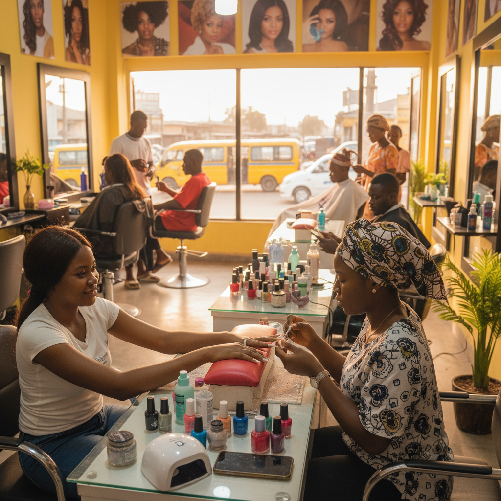 A skilled nail technician carefully applying acrylic to a client's nails in a clean Lagos salon.