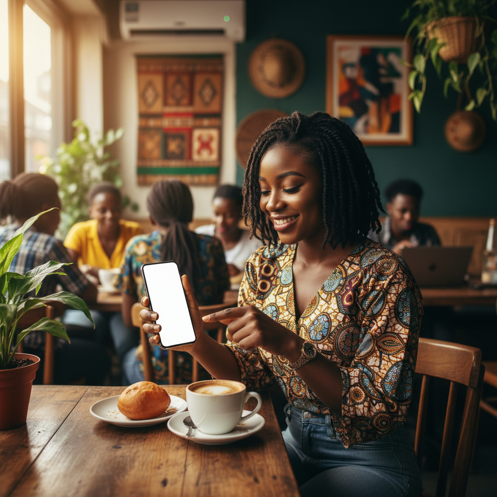 A young Nigerian woman happily browsing for service providers on the TrustAm app on her smartphone.