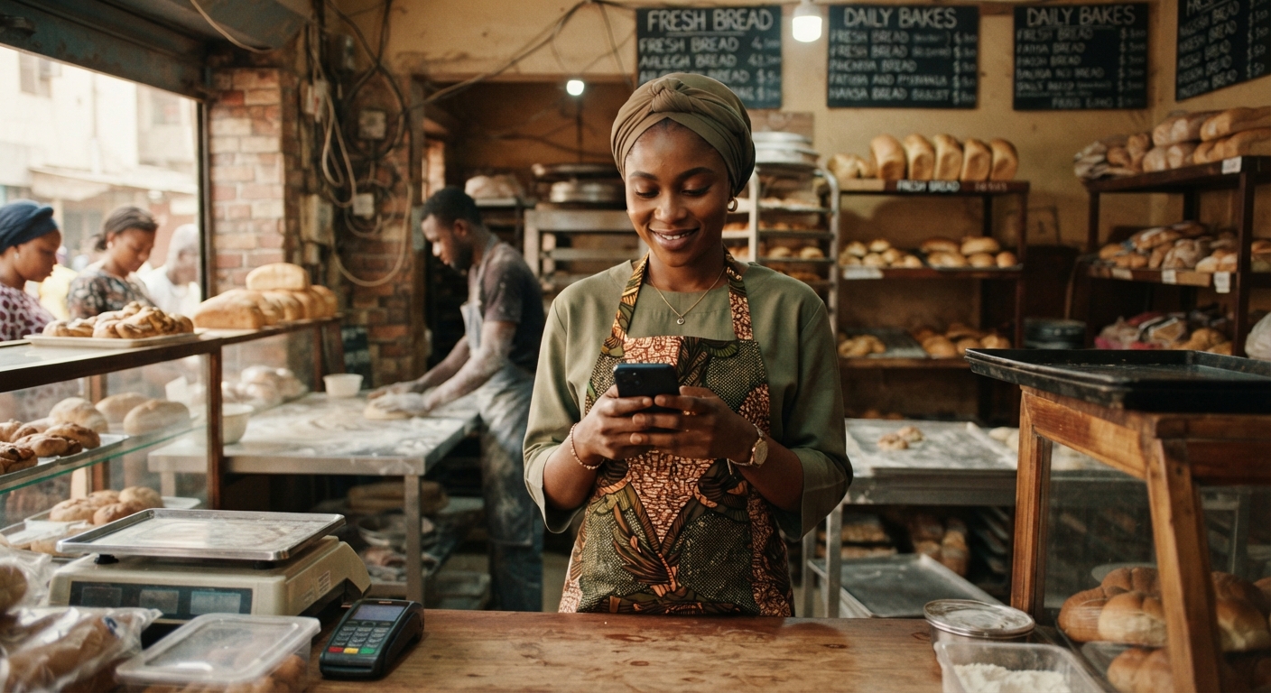 Bakery owner checking sales summary on phone