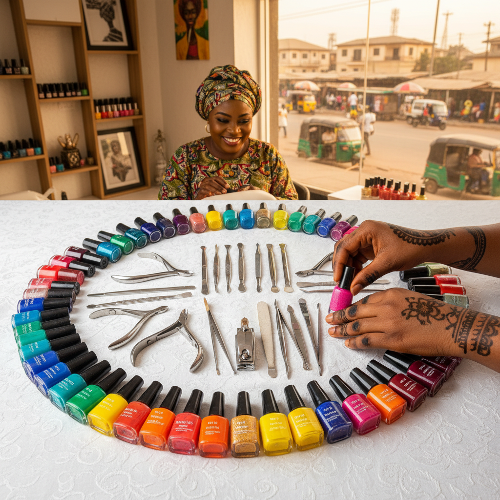 A collection of professional nail technician tools including nail files, brushes, and colorful gel polishes.