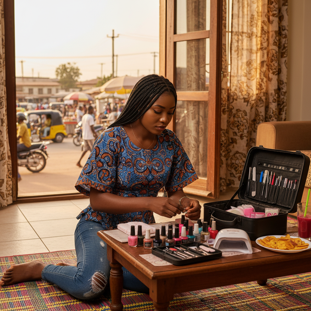 A focused young Nigerian woman organizing her nail polishes and tools into a portable case.