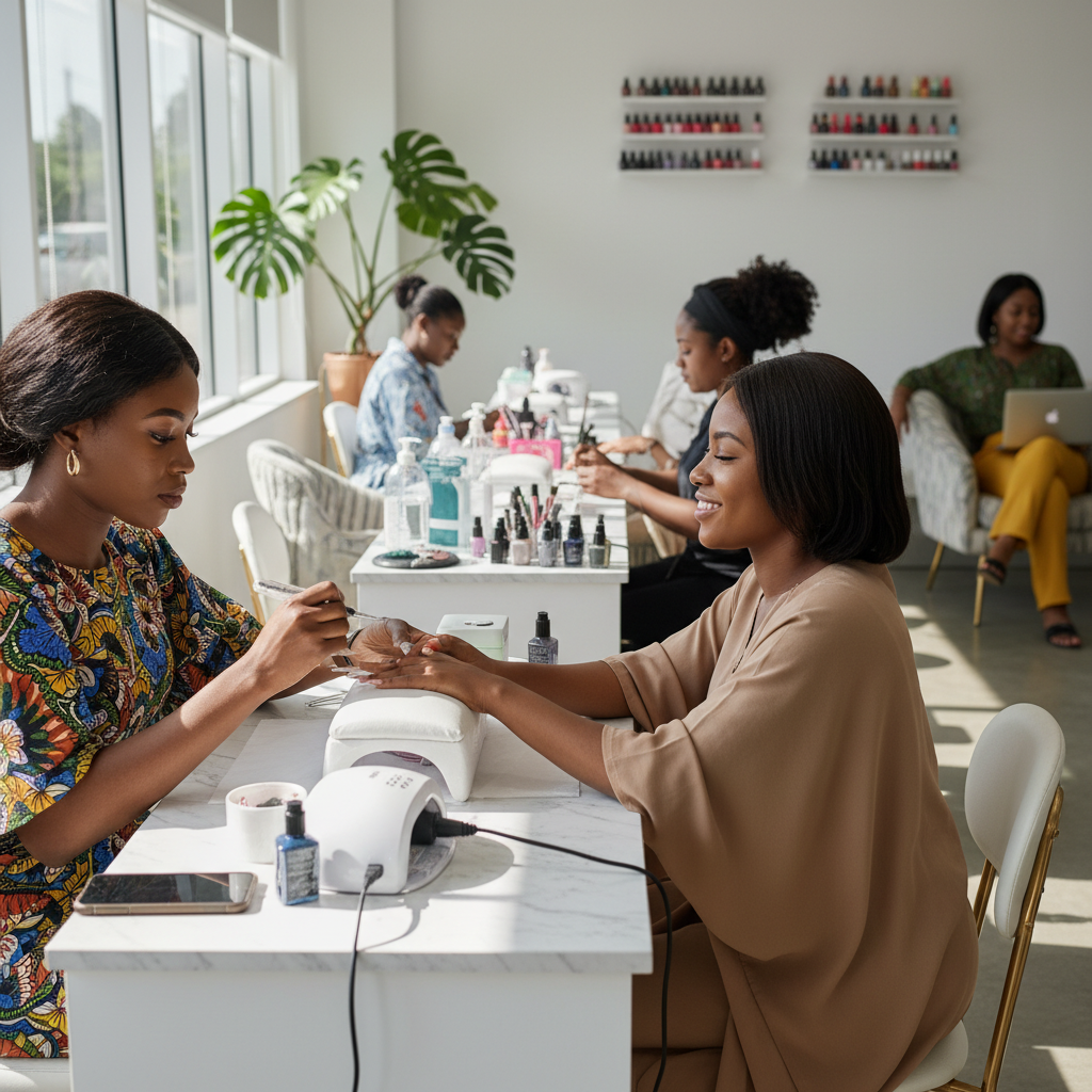A focused Nigerian nail technician applying acrylic extensions for a client.