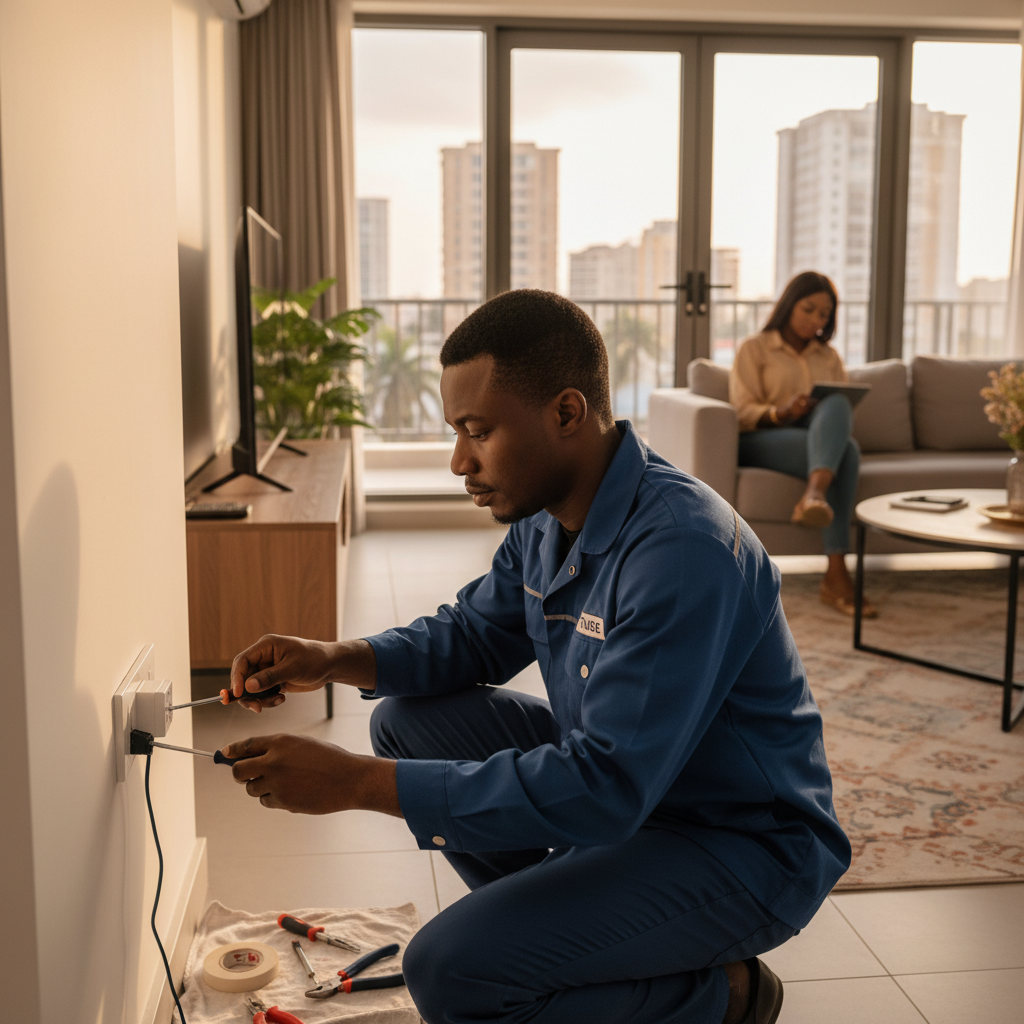 A professional Nigerian electrician installing a wall socket in a well-lit room.