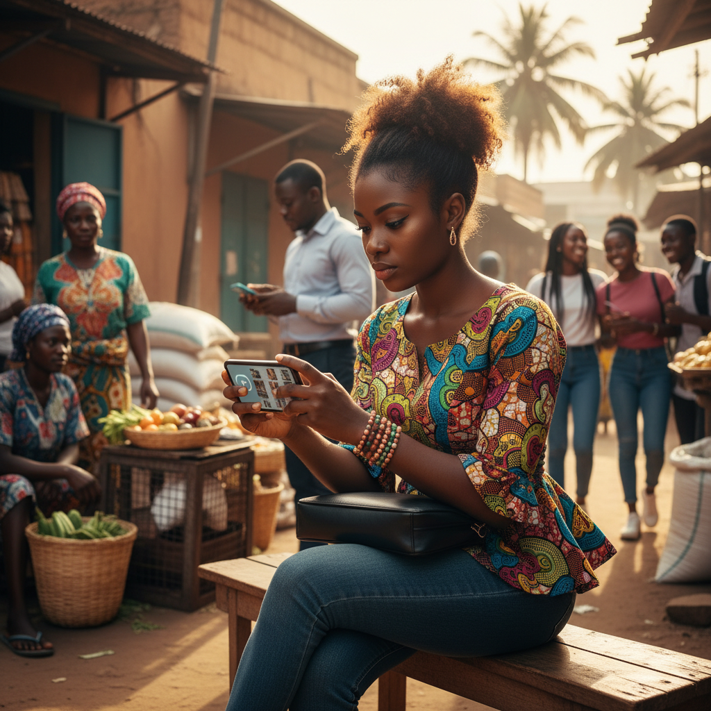 A young Nigerian woman smiling as she browses for service providers on the TrustAm app on her phone.