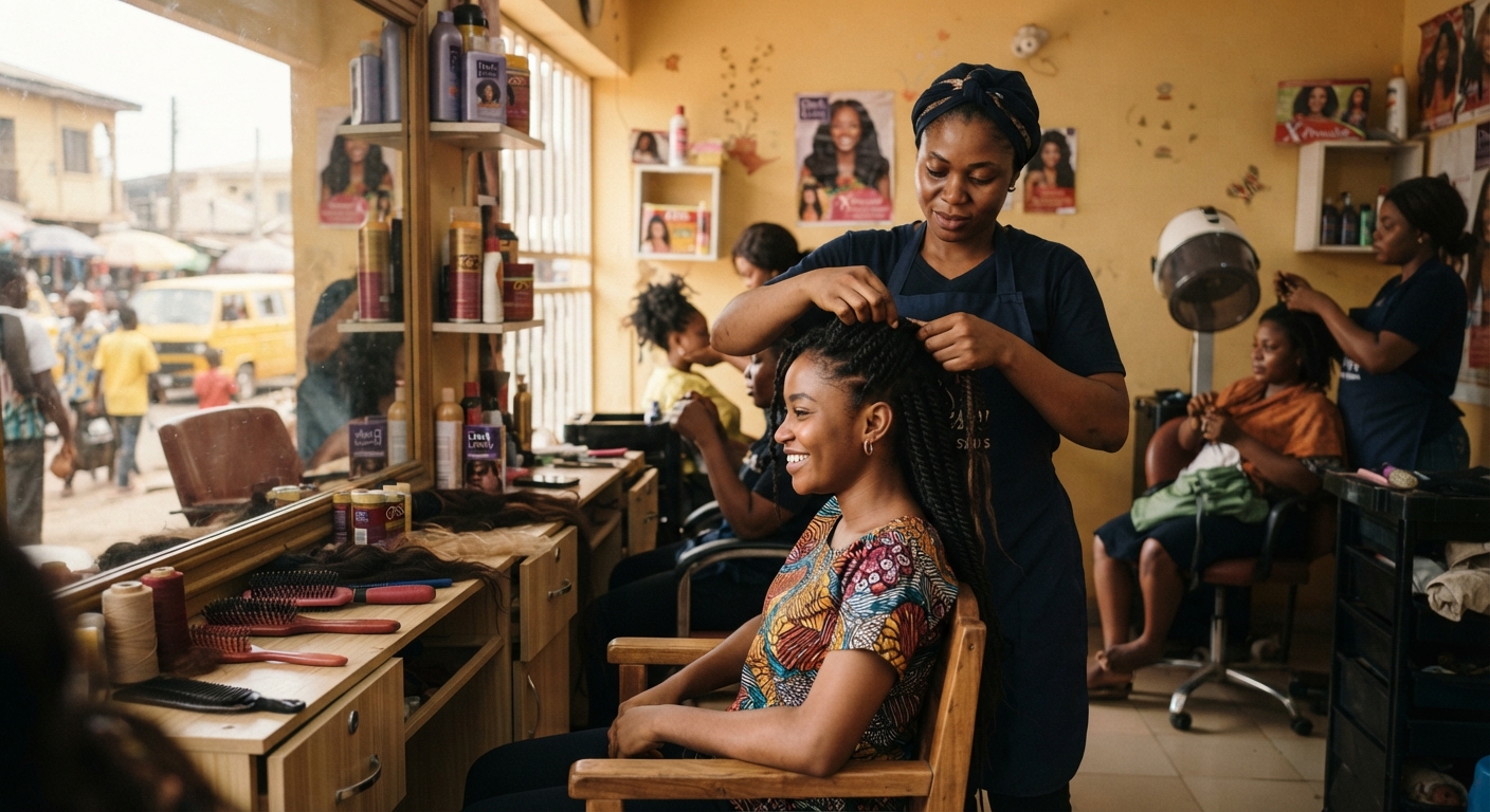 Professional hair braider consulting with a client before starting a braiding session