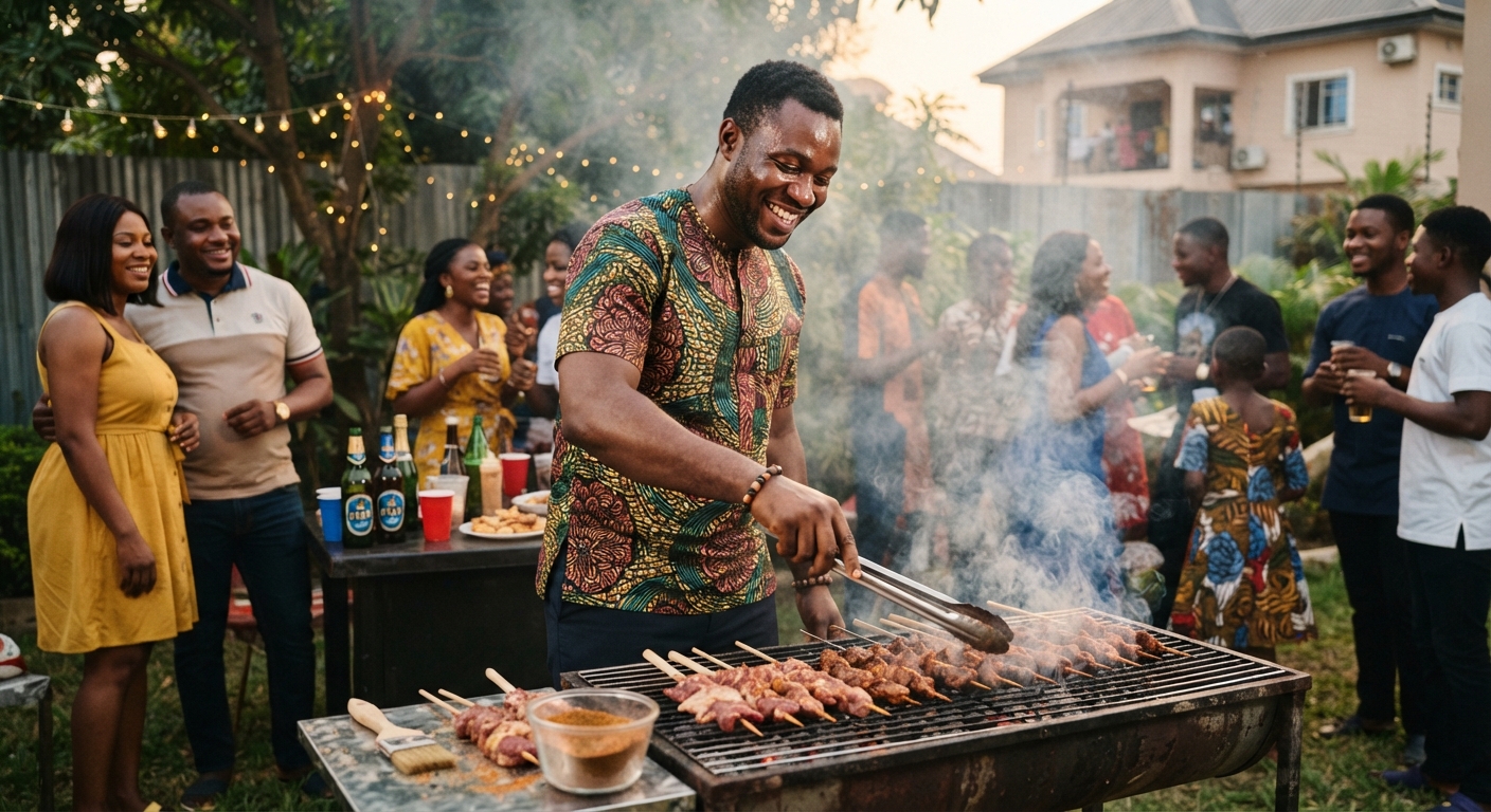 Nigerian man grilling meat at an outdoor barbecue party, smiling