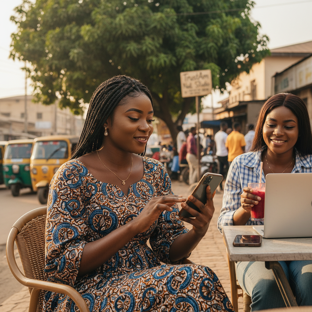 A young Nigerian woman using the TrustAm app on her smartphone to browse for local service providers.