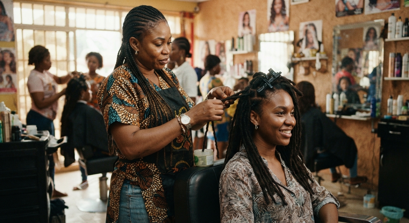 Woman with mature locs getting a retwist from a professional stylist in a salon setting in Port Harcourt