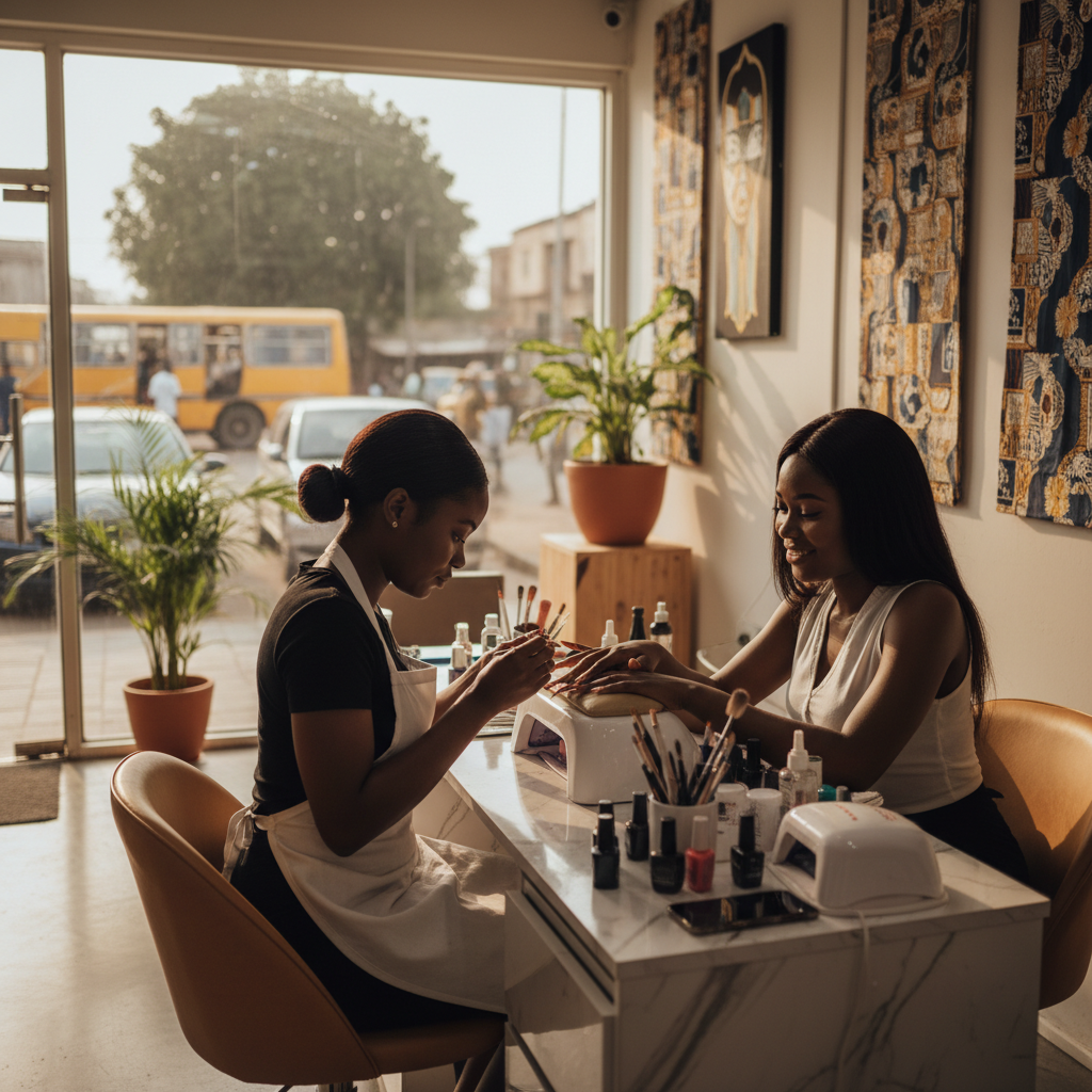 A skilled Nigerian nail technician carefully applying acrylic powder to a client's nail.