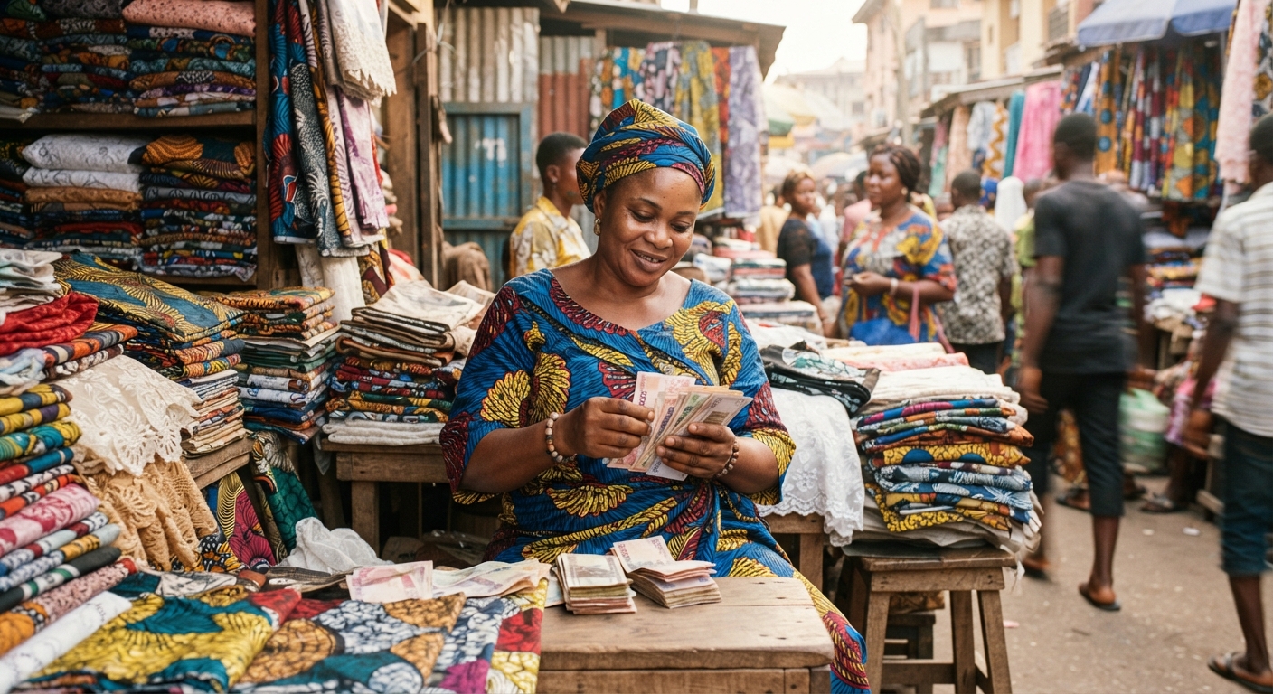 Nigerian woman trader counting naira at a fabric stall in a busy market