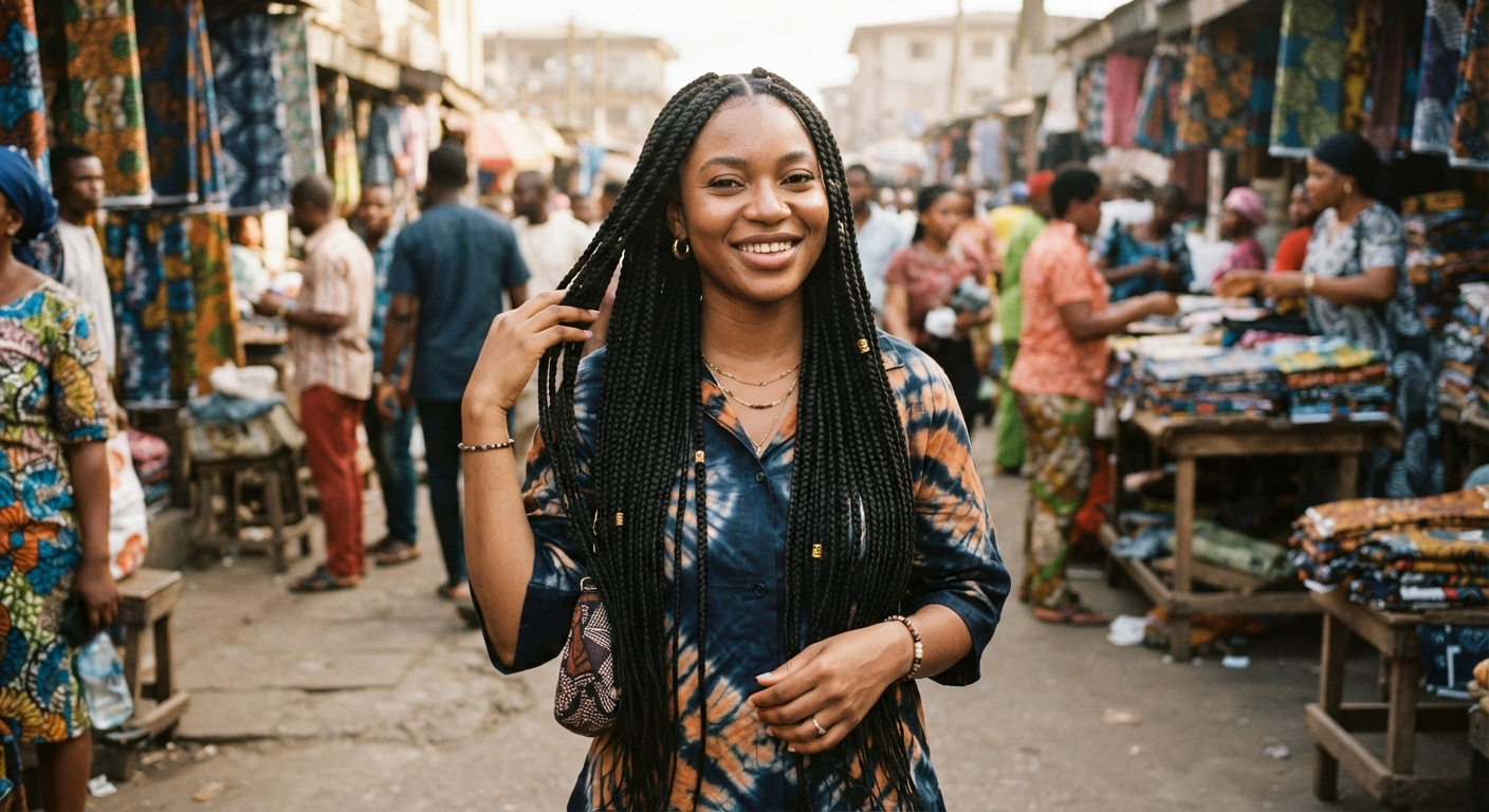 Young Nigerian woman smiling and showing off her fresh knotless braids.