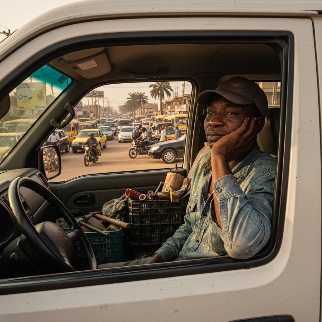 A tired Nigerian fumigator looking stressed while sitting in his van in heavy traffic.