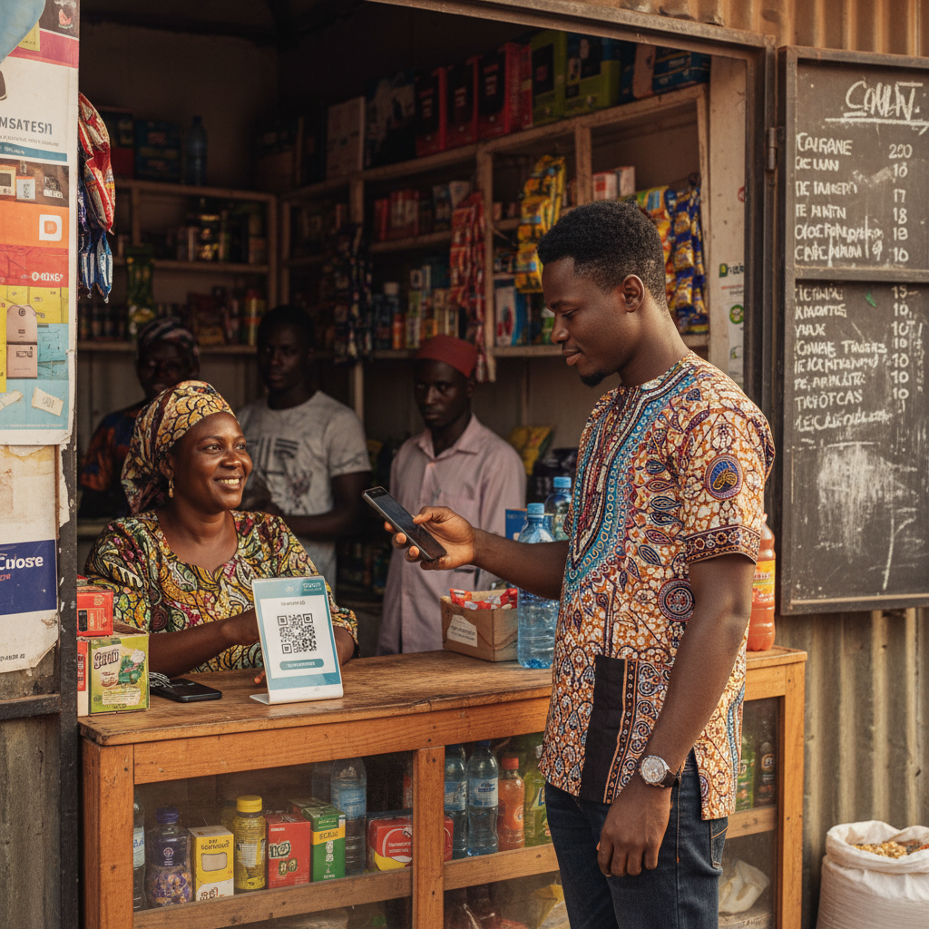 A customer in Kano making a secure payment using the TrustAm app on his smartphone.