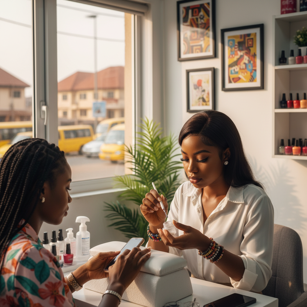 A professional Nigerian nail technician working on a client's acrylic nails in a clean, well-lit salon.